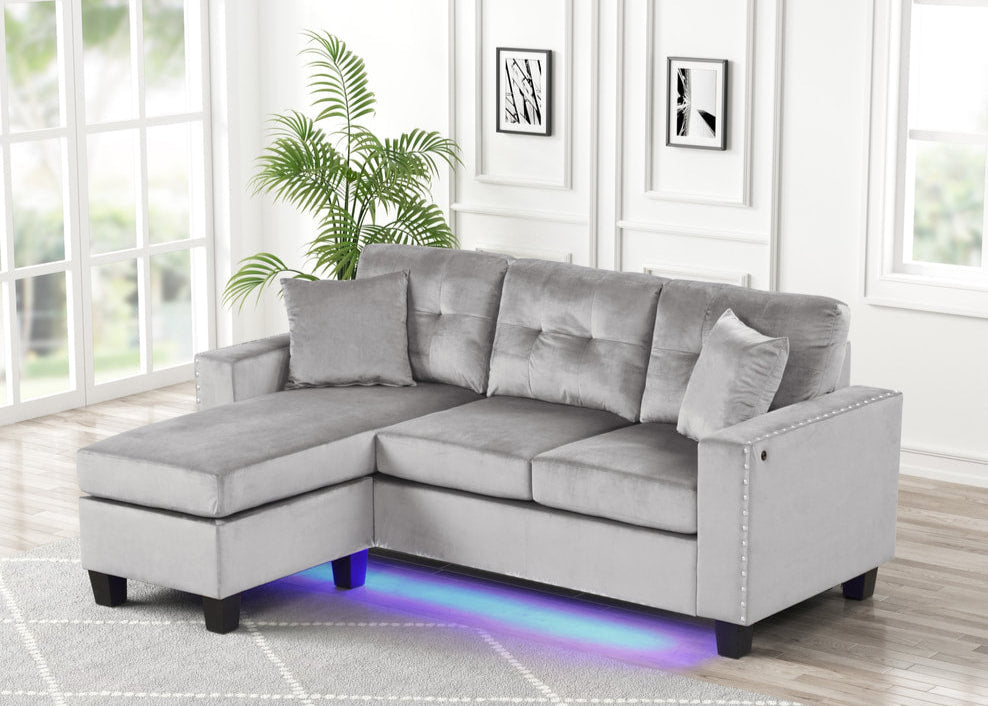 Messi Grey Velvet Sectional with LED lights
