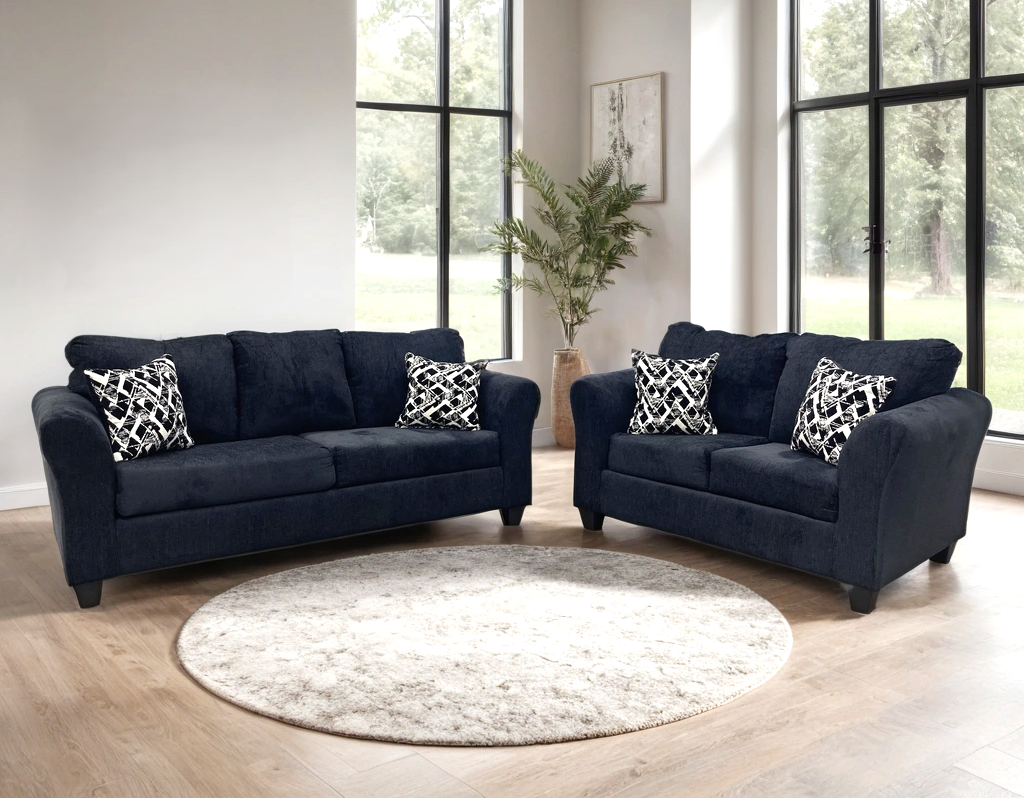 210 Black Chenille 2PC Sofa and Loveseat Set