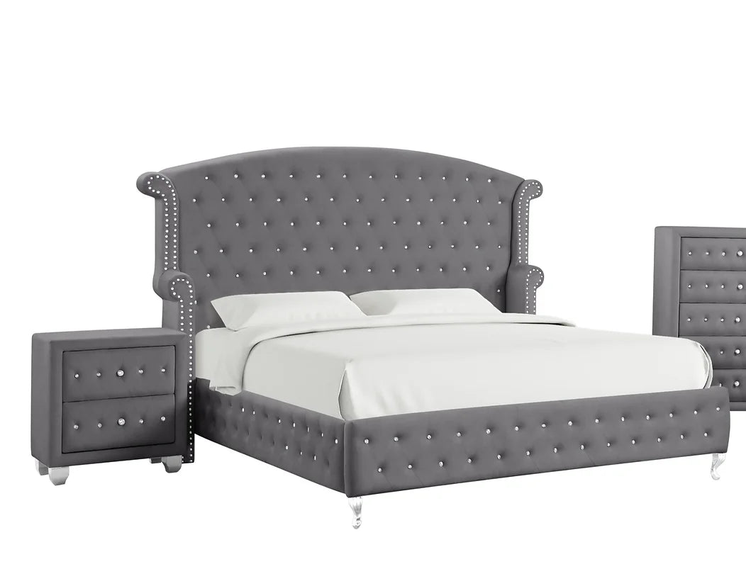 Olivia Grey Velvet Tufted King Bed Frame