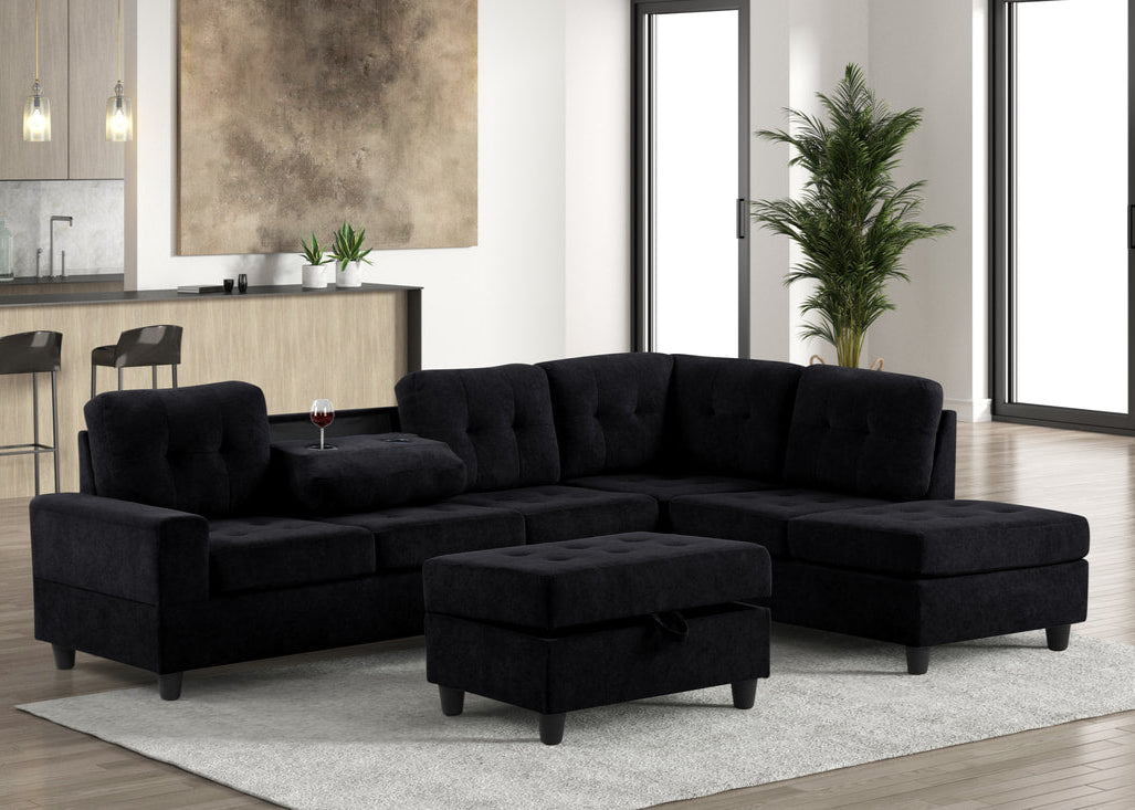 40Heights Black Reversible Sectional & Storage Ottoman