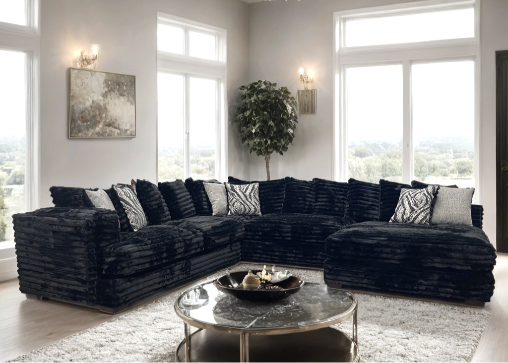 880 Black Thick Chenille Fabric Oversized Sectional