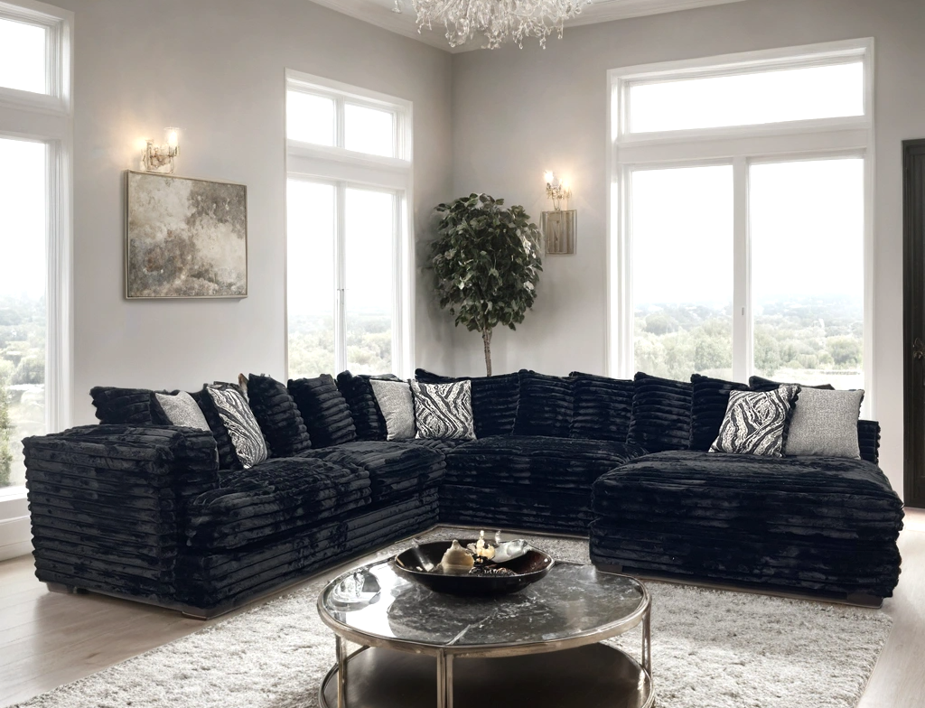 880 Black Thick Chenille Fabric Oversized Sectional