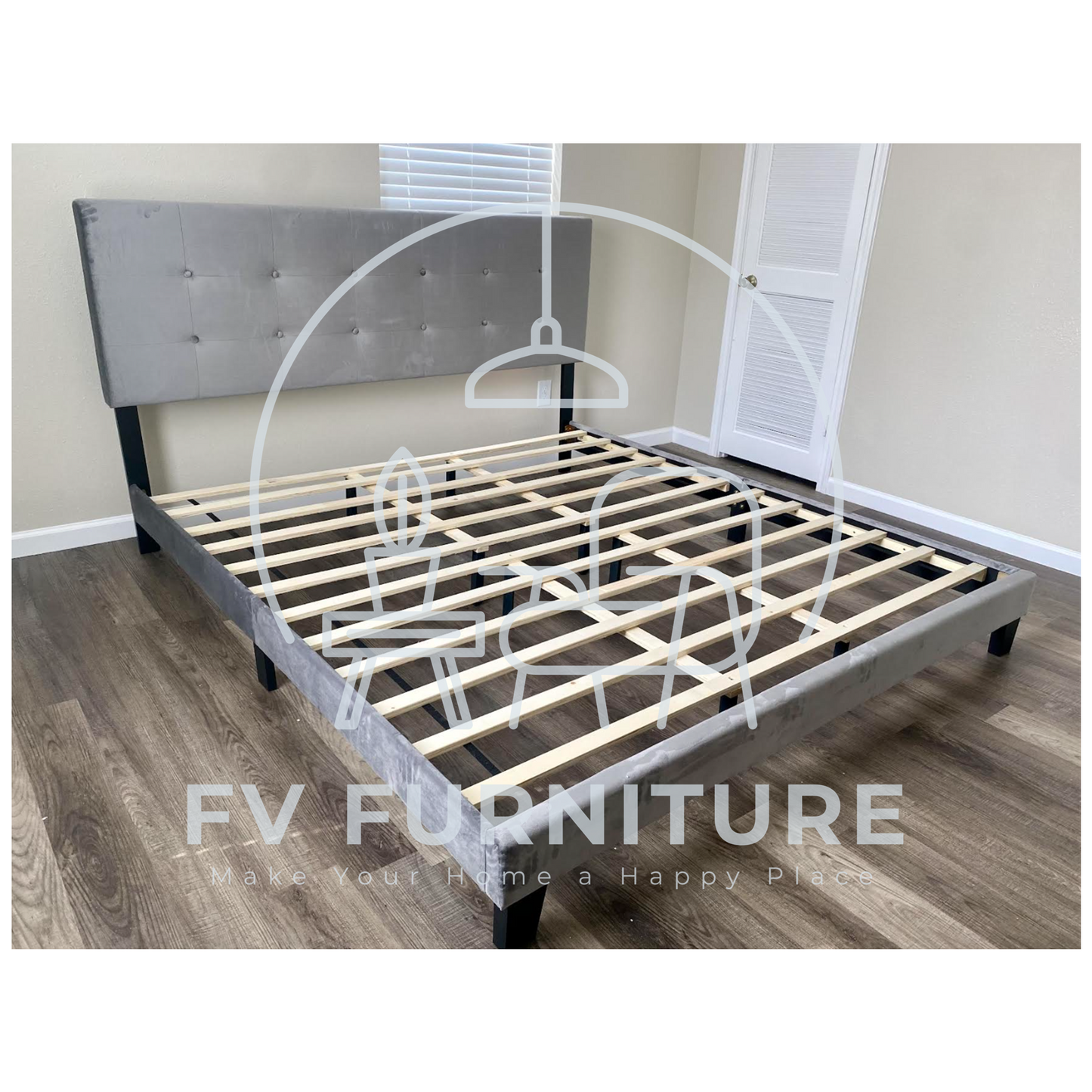 930 Grey Velvet Platform Bed Frame
