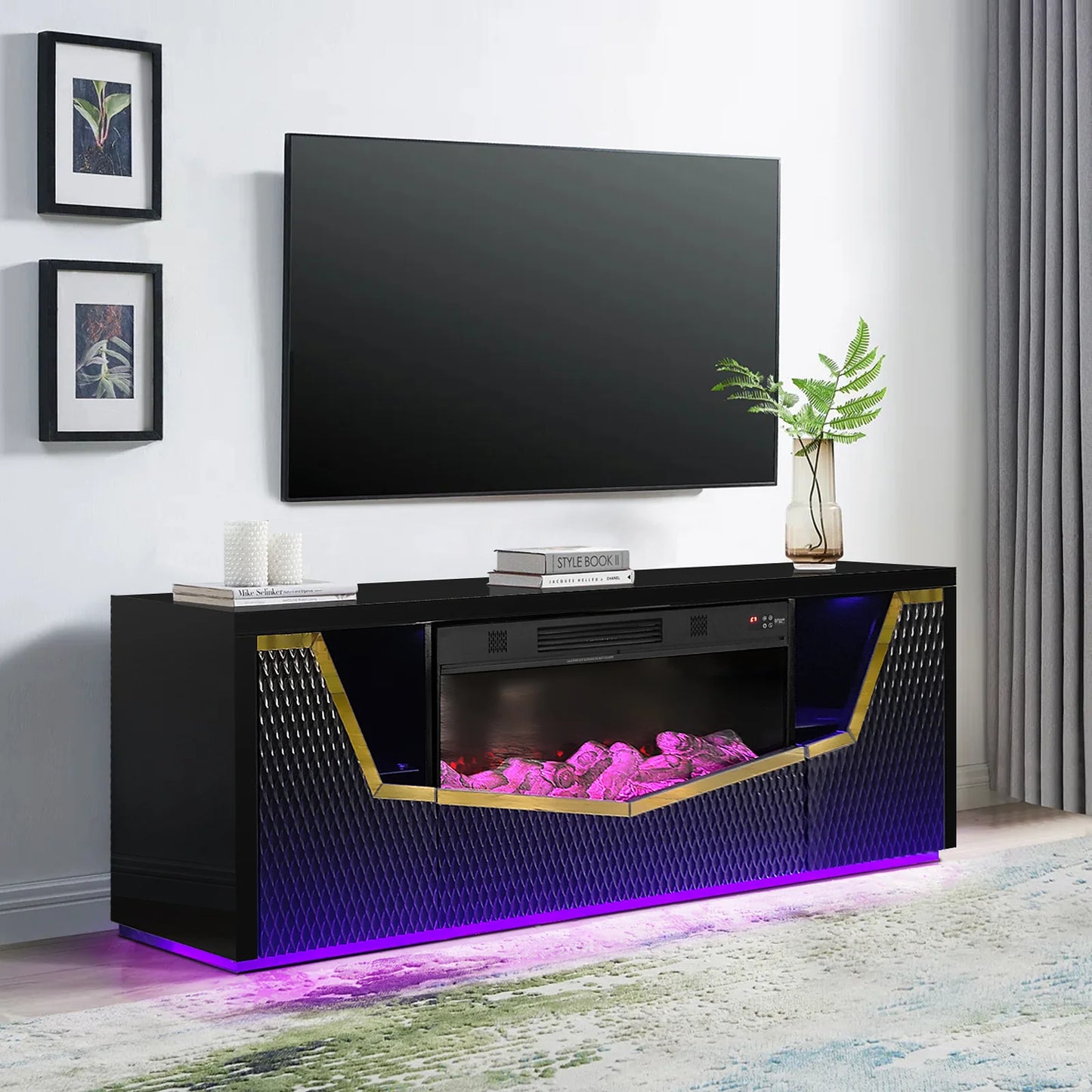 A-F11 Carmela Black Tv Stand w/ Fireplace