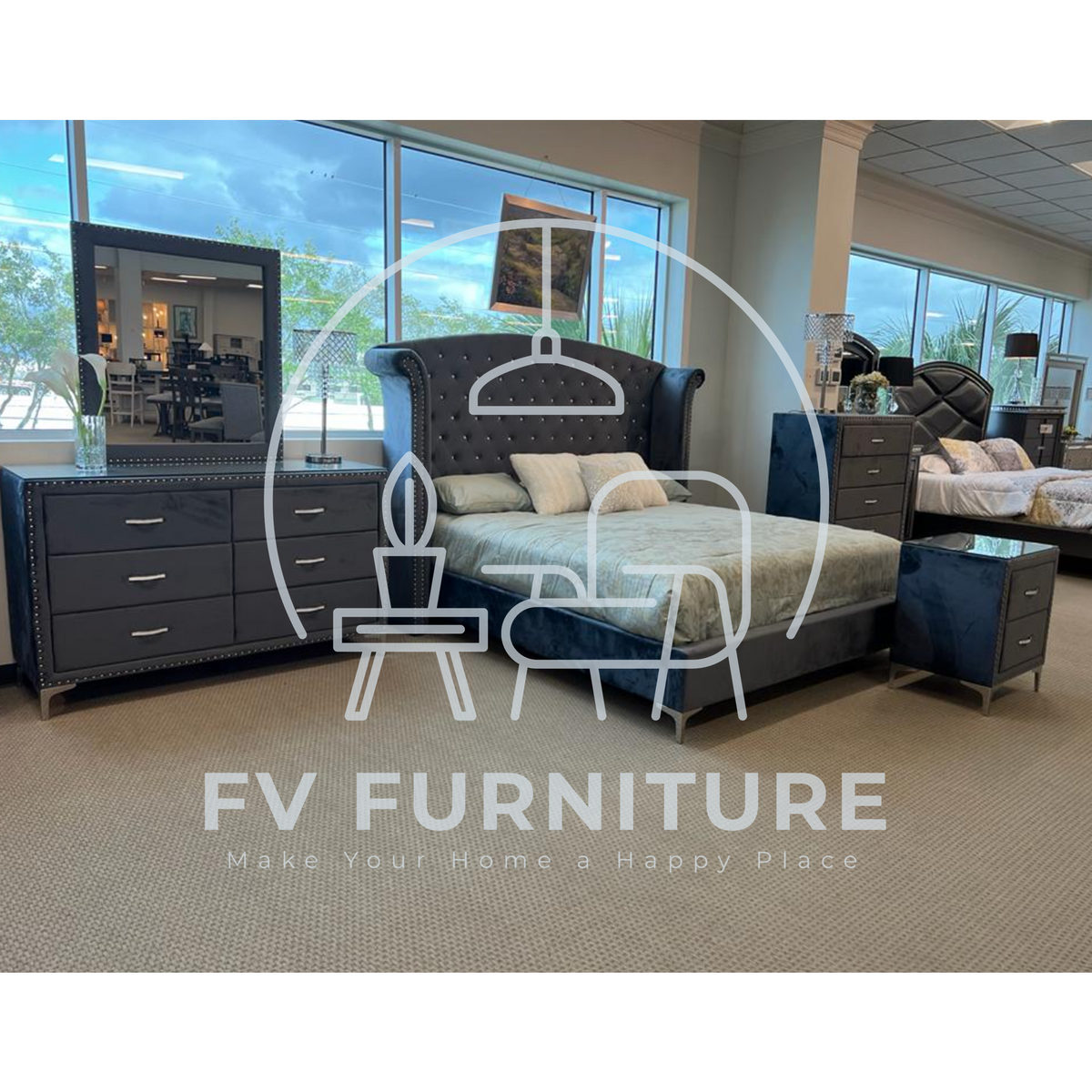 5pcs Velvet Grey Bedroom Set (Multiple Sizes)