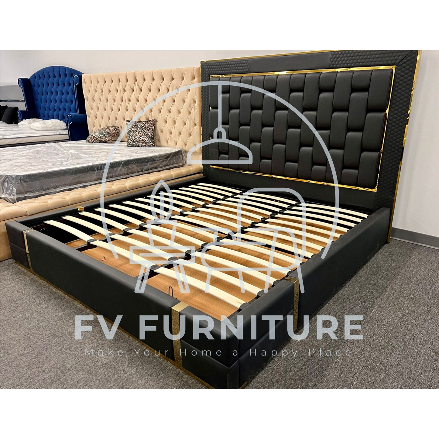 Marbella Black Leather Gold Trim Platform Bed Frame