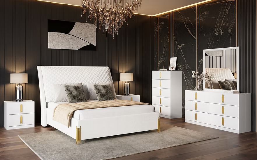 5pcs or 4pc B9060 Glamor White & Gold Velvet Bedroom Set