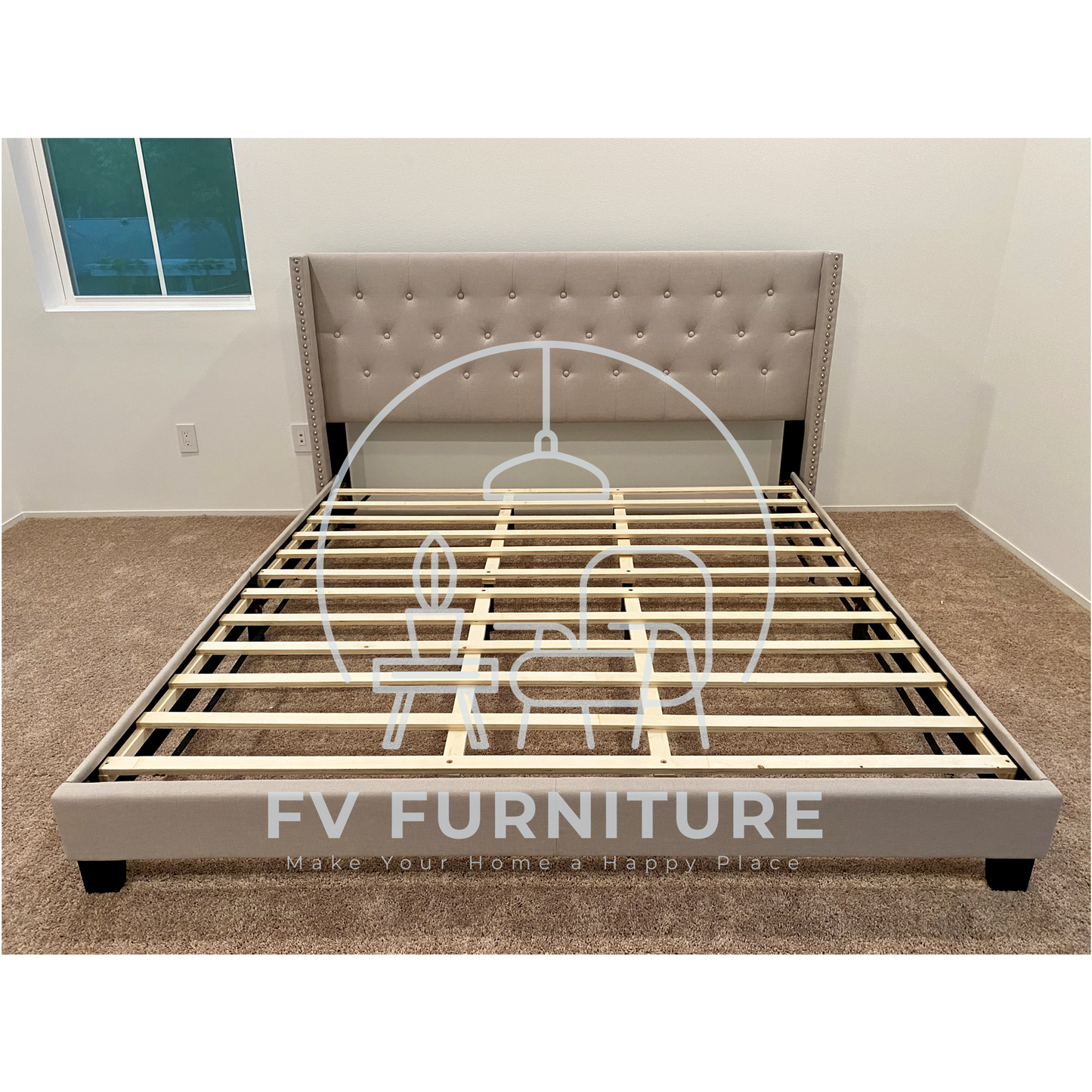 HH740 Beige Linen Platform Bed Frame