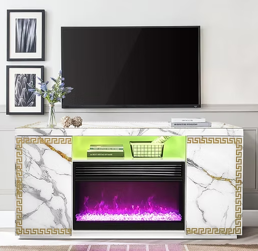 A-F04 Versa White Marble Finish TV Stand & Fireplace