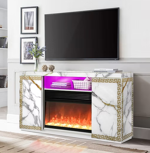 A-F04 Versa White Marble Finish TV Stand & Fireplace
