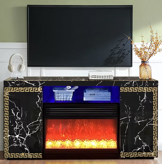 A-F04 Versa Black Marble Finish TV Stand & Fireplace