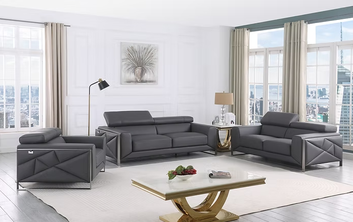 3pcs or 2pcs MI-989 Giorgio Grey Italian Leather Sofa, Loveseat & Chair