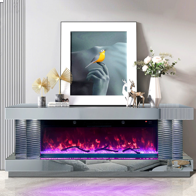 Glass Mirror TV Stand with Fireplace