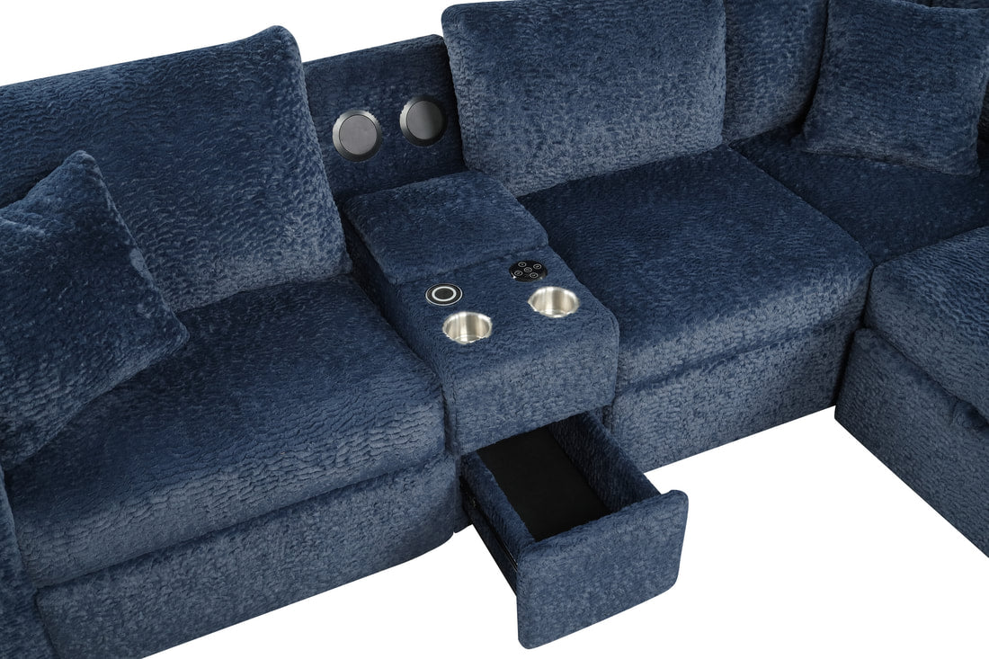 Hunter Blue Sectional W/ Bluetooth Speaker & Pull-Out Bed