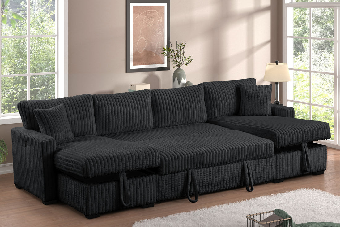 July Black Double Storage Chaise Sectional w/ Pull Out Bed