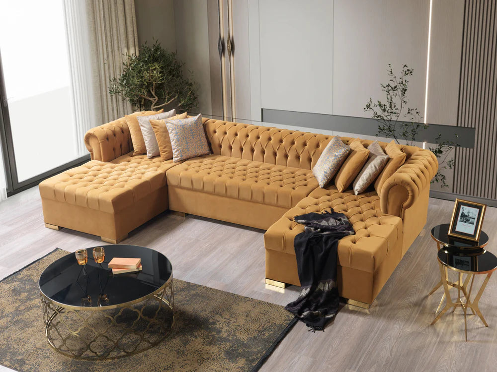 Lauren Mustard Velvet Tufted Double Chaise Sectional