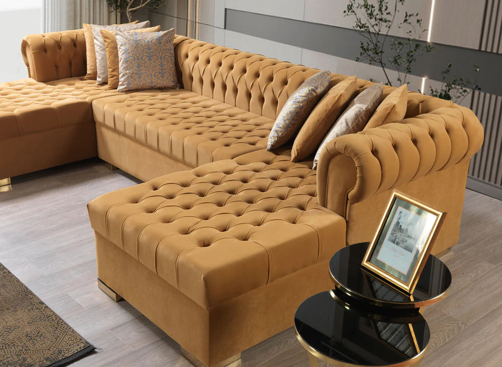 Lauren Mustard Velvet Tufted Double Chaise Sectional