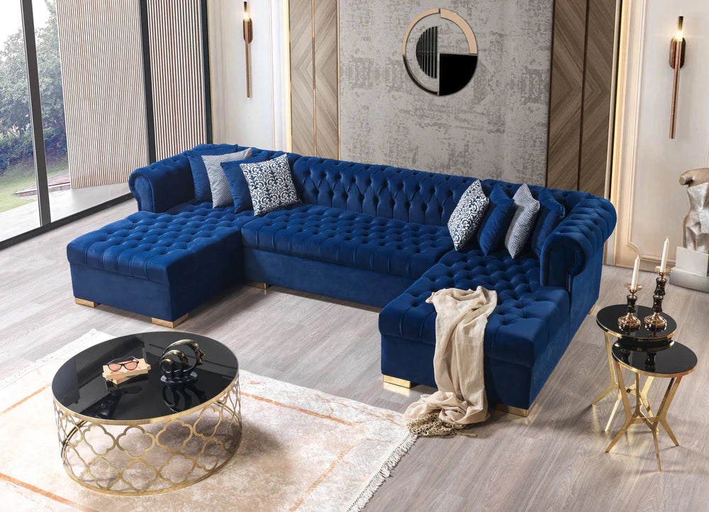 Lauren Navy Velvet Tufted Double Chaise Sectional