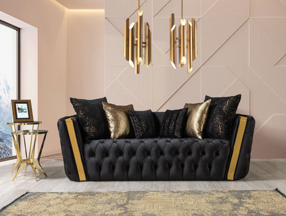 Elegant Tufted Black & Gold Velvet Sofa & Loveseat