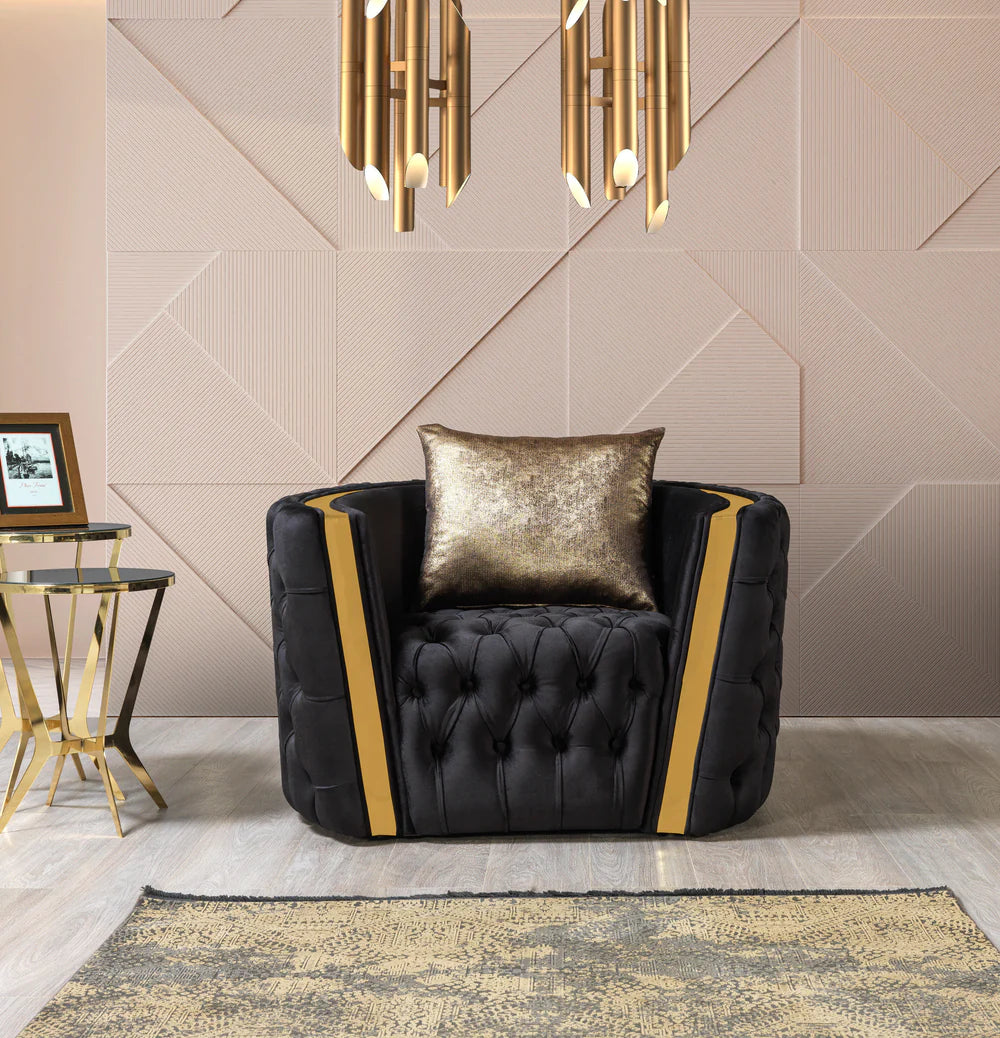 Elegant Tufted Black & Gold Velvet Sofa & Loveseat