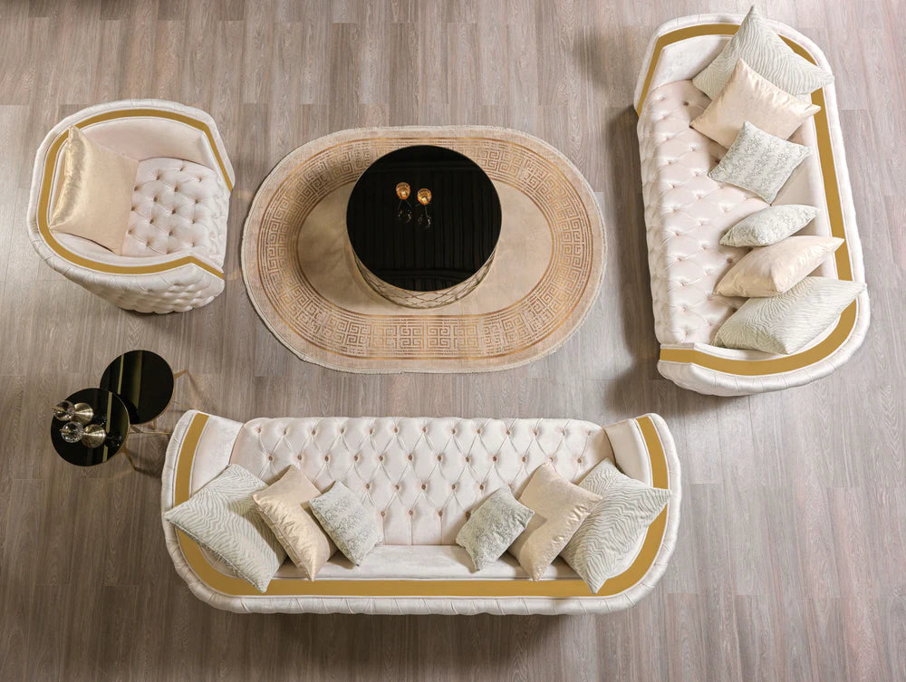 Elegant Tufted Ivory & Gold Velvet Sofa & Loveseat