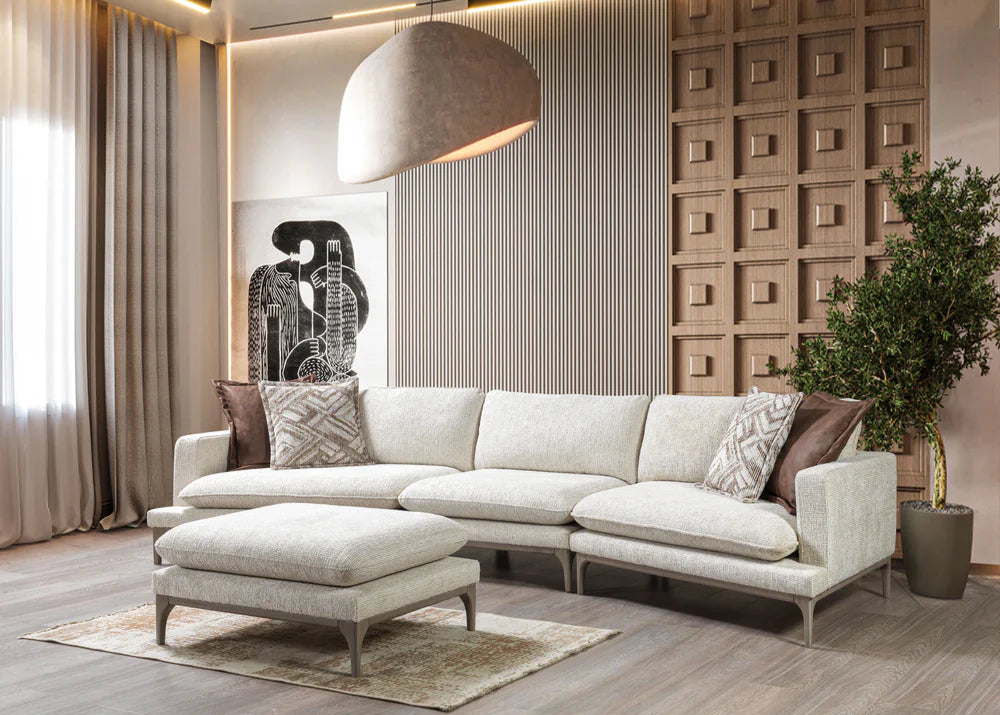Dylan Ivory Linen Sectional with Ottoman