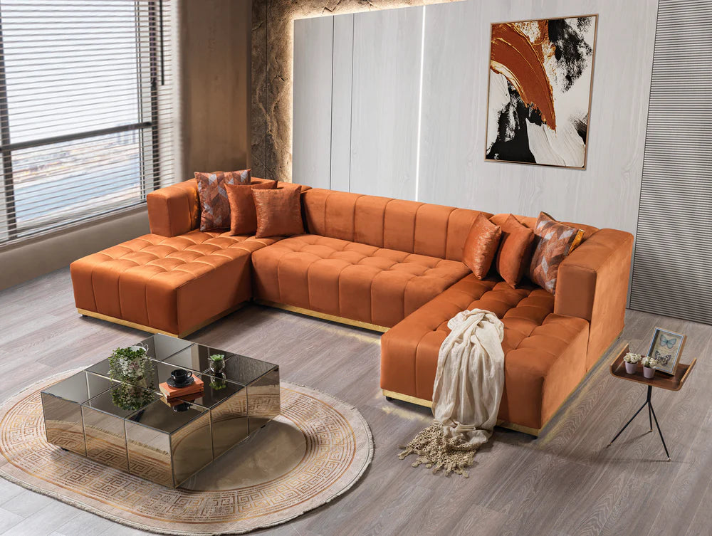 Elisha Orange Velvet Double Chaise Sectional