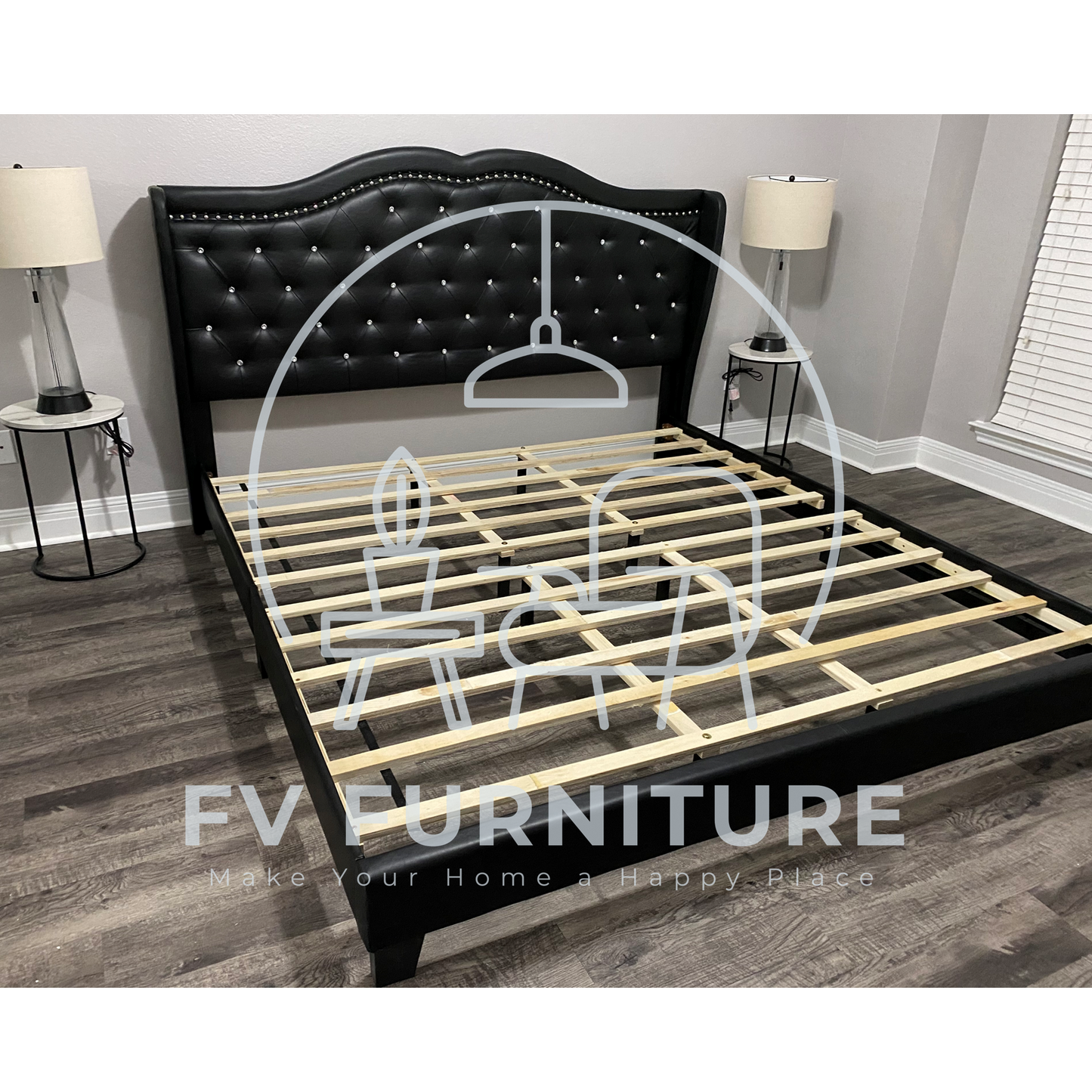 Paradise Black Leather Diamond Platform Bed Frame