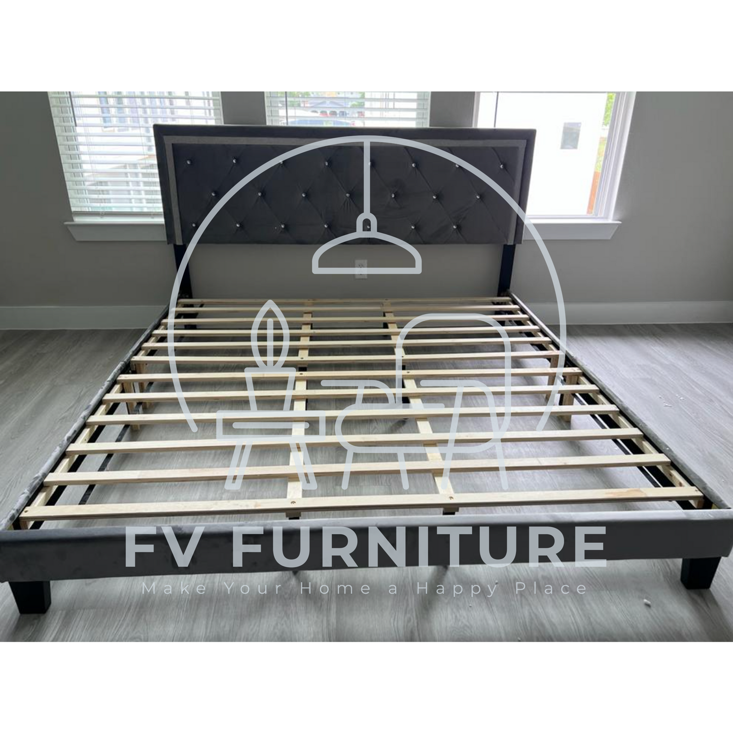 Passion Grey Diamond Velvet Platform Bed Frame