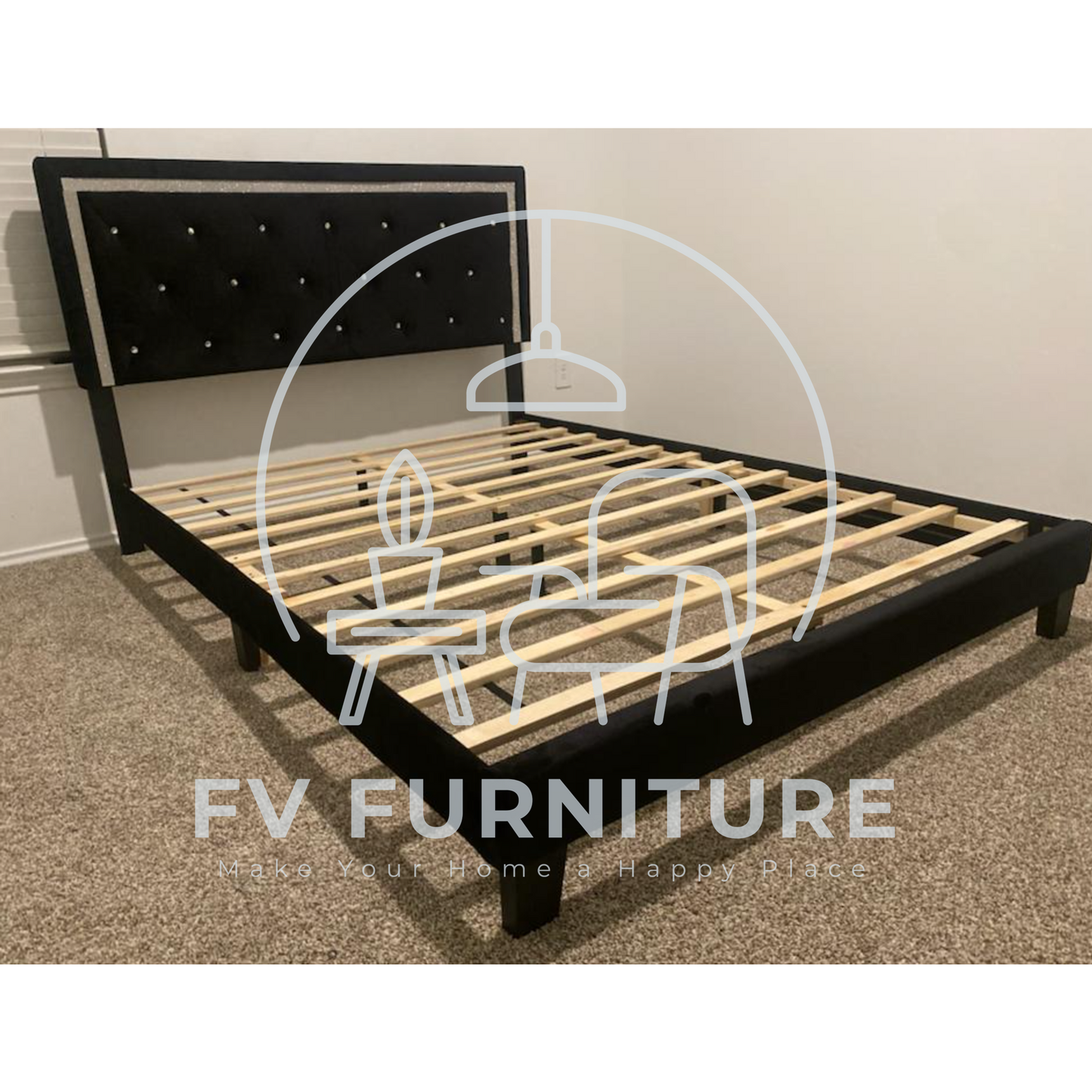 Passion Black Diamond Velvet Platform Bed Frame
