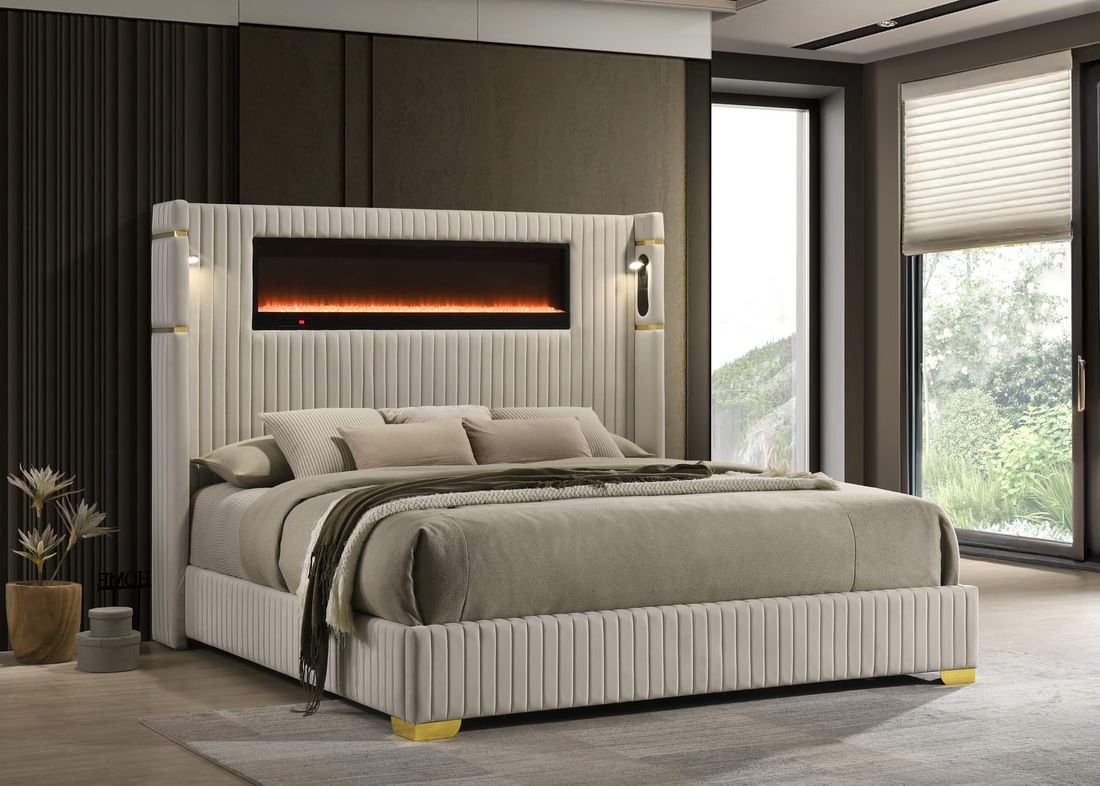 Romance2 Cream Fireplace Velvet Platform Bed Frame