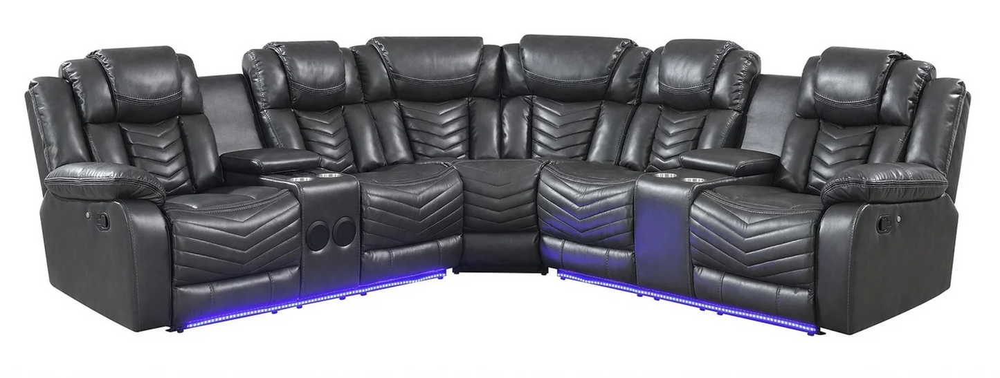 Lucky Charm Grey Leather LED Reclining Sectional