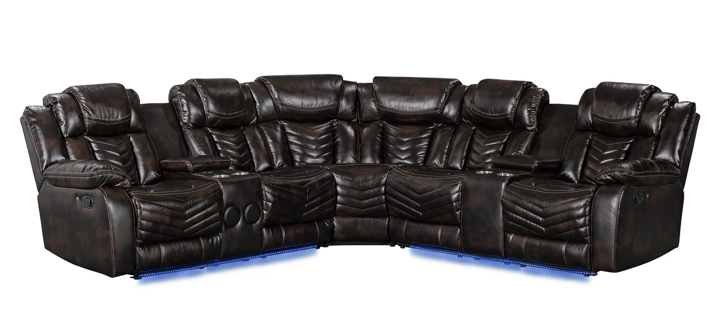 Lucky Charm Brown Leather LED Reclining Sectional