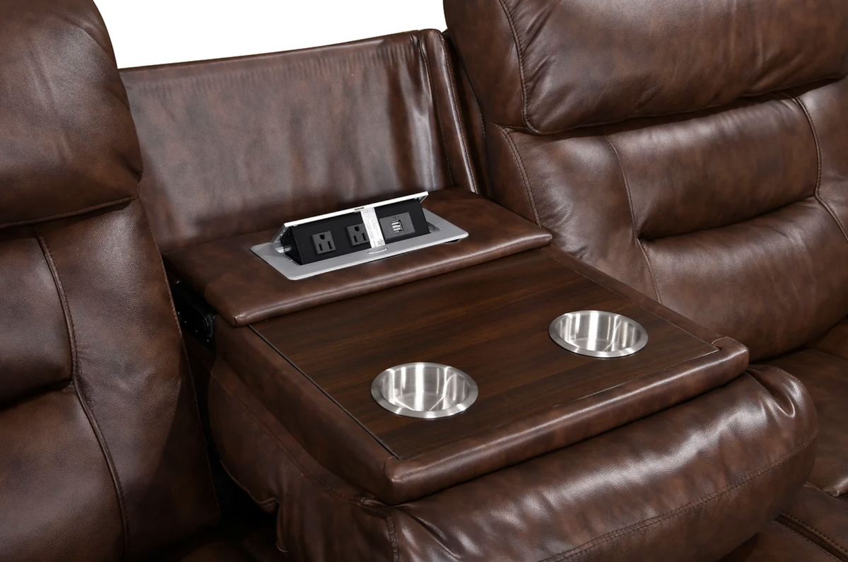 3pcs Rosewood Brown Top Grain Leather Power Reclining Sofa Set