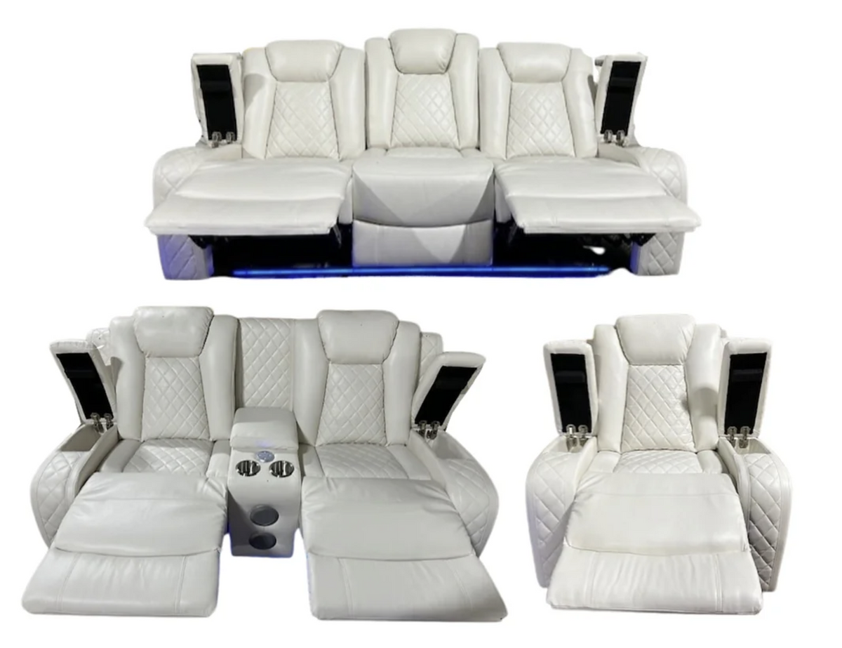 3pcs New York White Leather Reclining Sofa Set