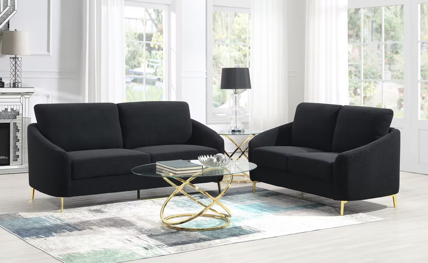 3pcs or 2pcs S160 Lila Black Boucle Sofa & Loveseat Set