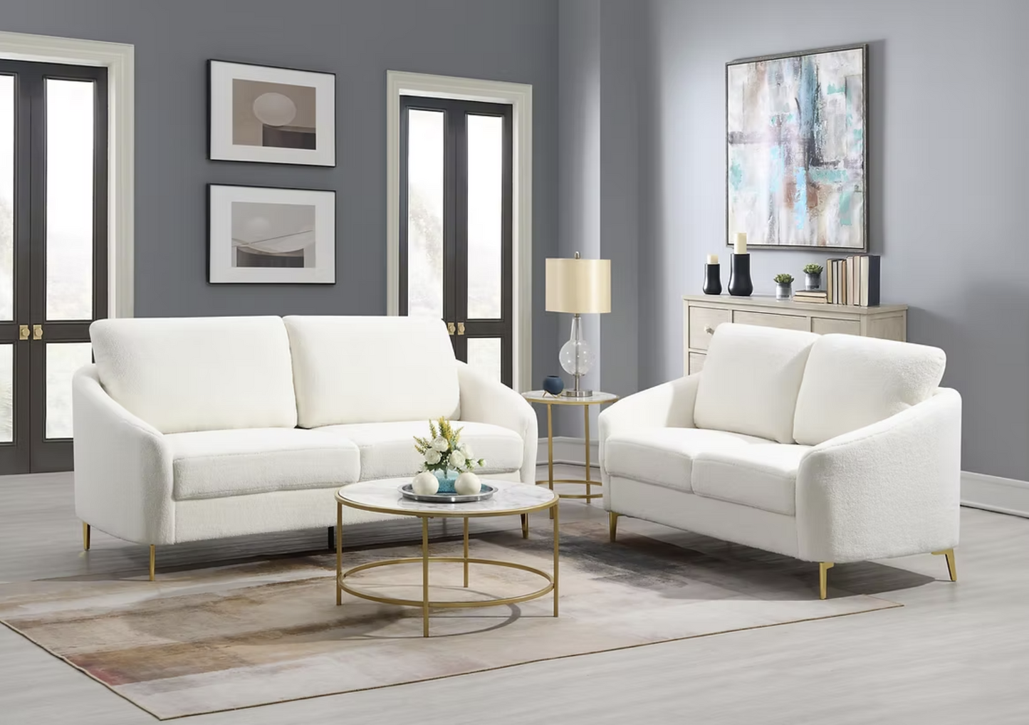 3pcs or 2pcs S160 Lila White Boucle Sofa & Loveseat Set