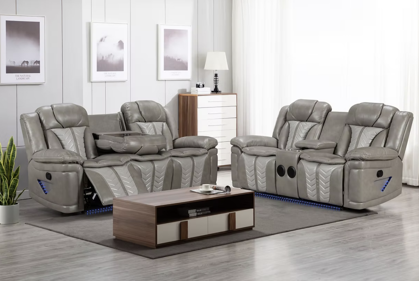 S2025 Innova Grey Leather Reclining Sofa Set