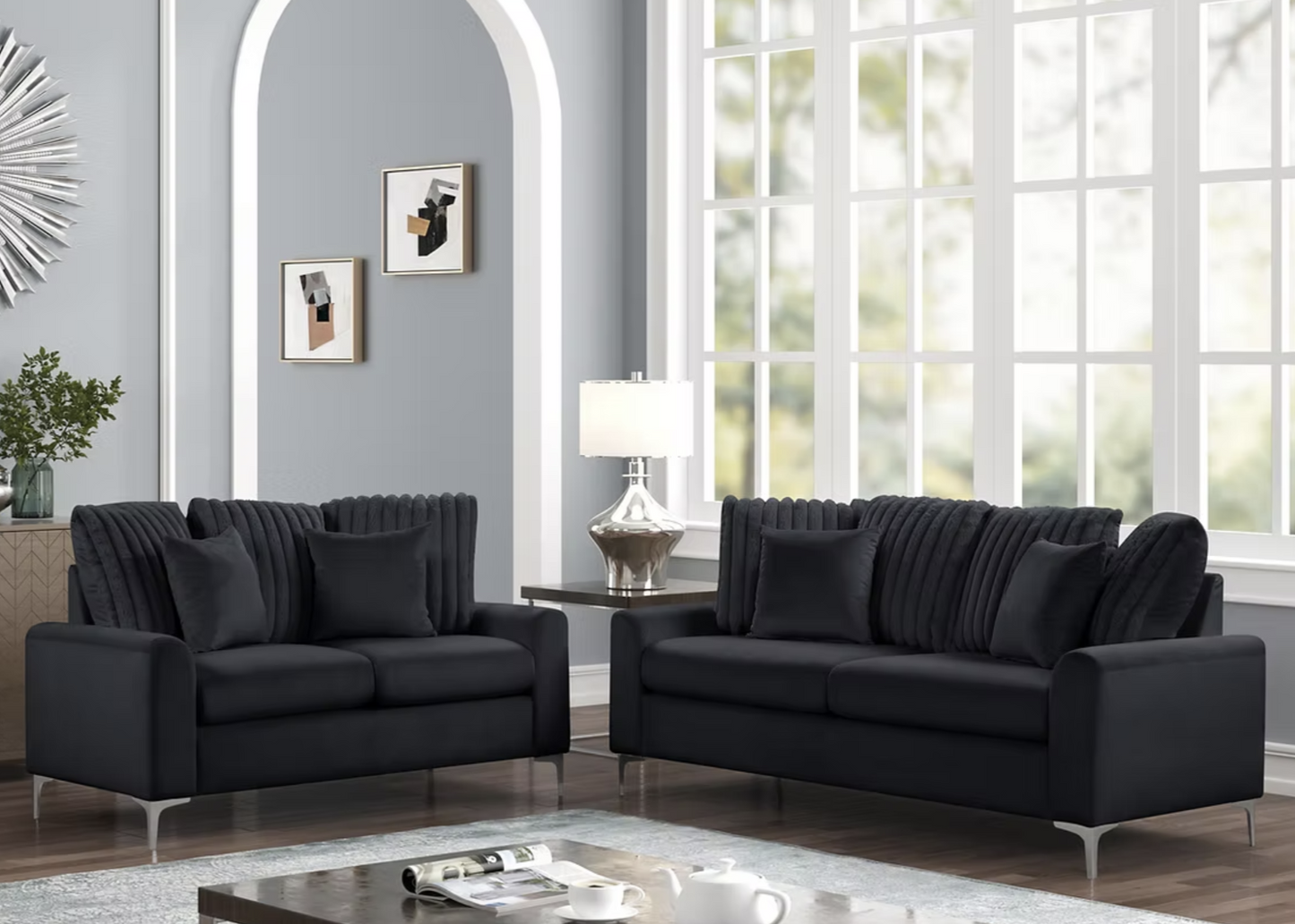 S150 Elina Black Velvet Sofa & Loveseat