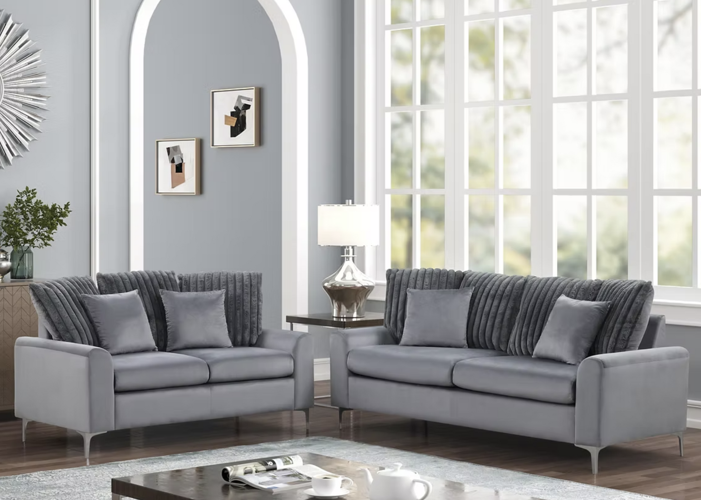 S150 Elina Grey Velvet Sofa & Loveseat