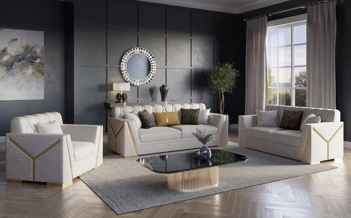 3pcs or 2pcs S2401 Hilena White & Gold Sofa, Loveseat & Chair