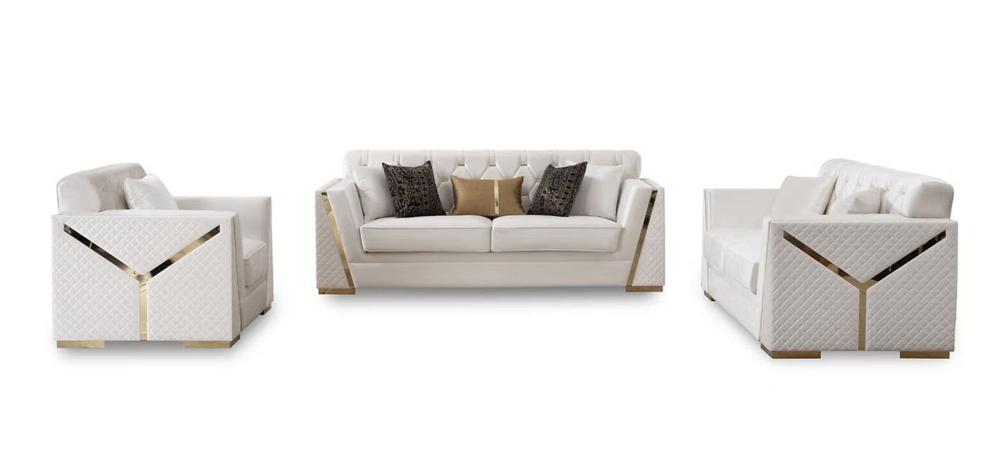 3pcs or 2pcs S2401 Hilena White & Gold Sofa, Loveseat & Chair