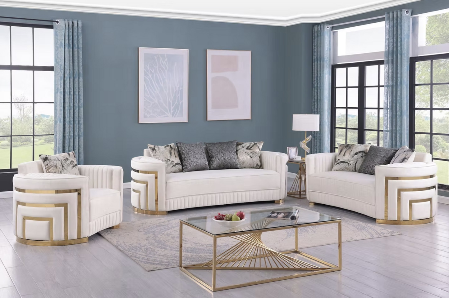 3pcs or 2pcs S3300 Minerva Cream Velvet Sofa, Loveseat & Chair