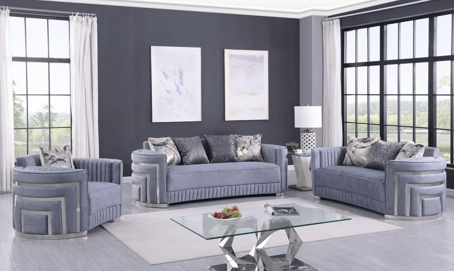 3pcs or 2pcs S3300 Minerva Grey Velvet Sofa, Loveseat & Chair
