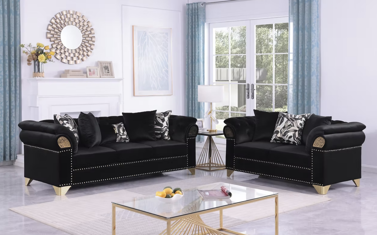 S3600 Emma Black Velvet Sofa & Loveseat