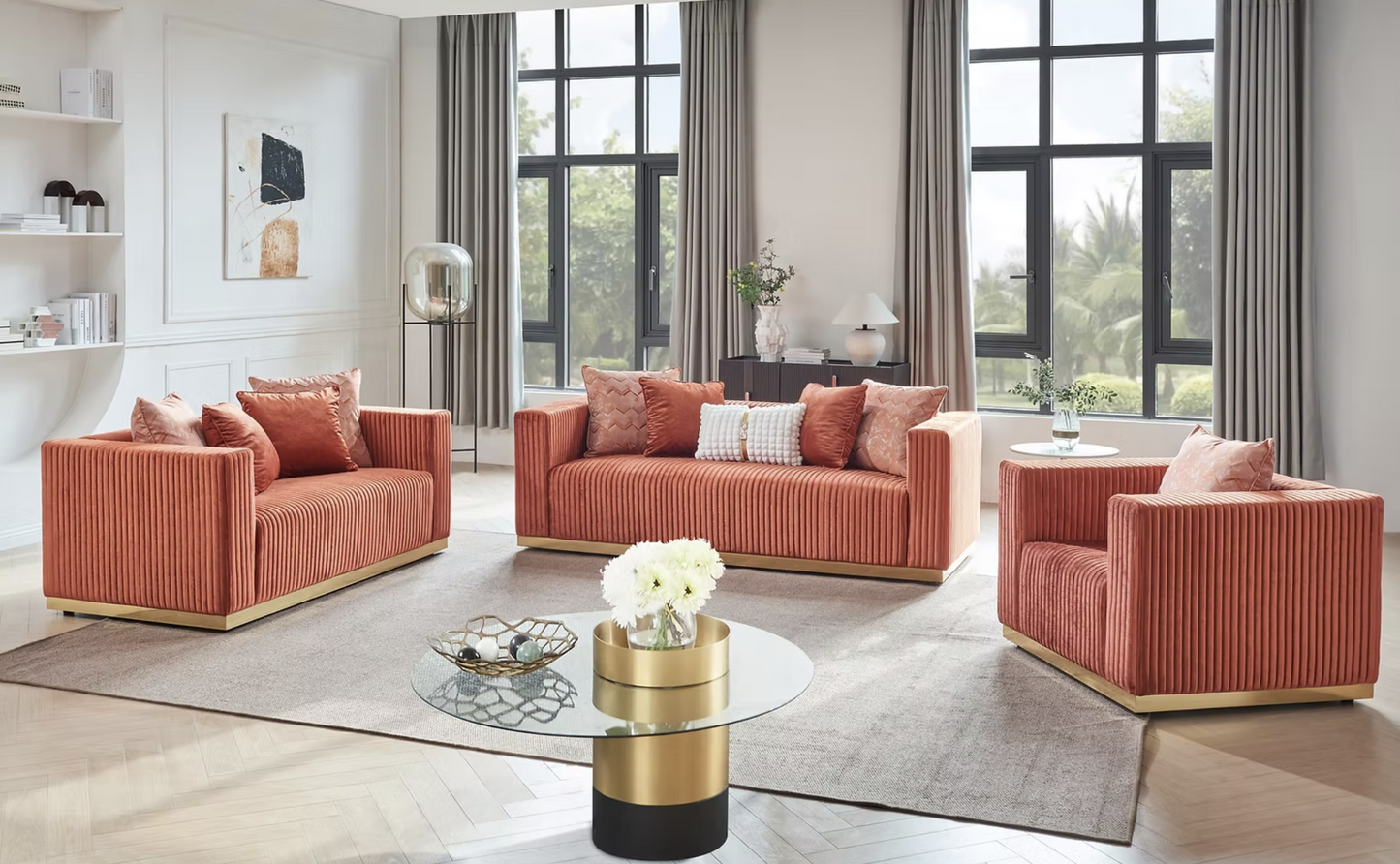 3pcs or 2pcs S3168 Alisha Rust Velvet Sofa & Loveseat Set