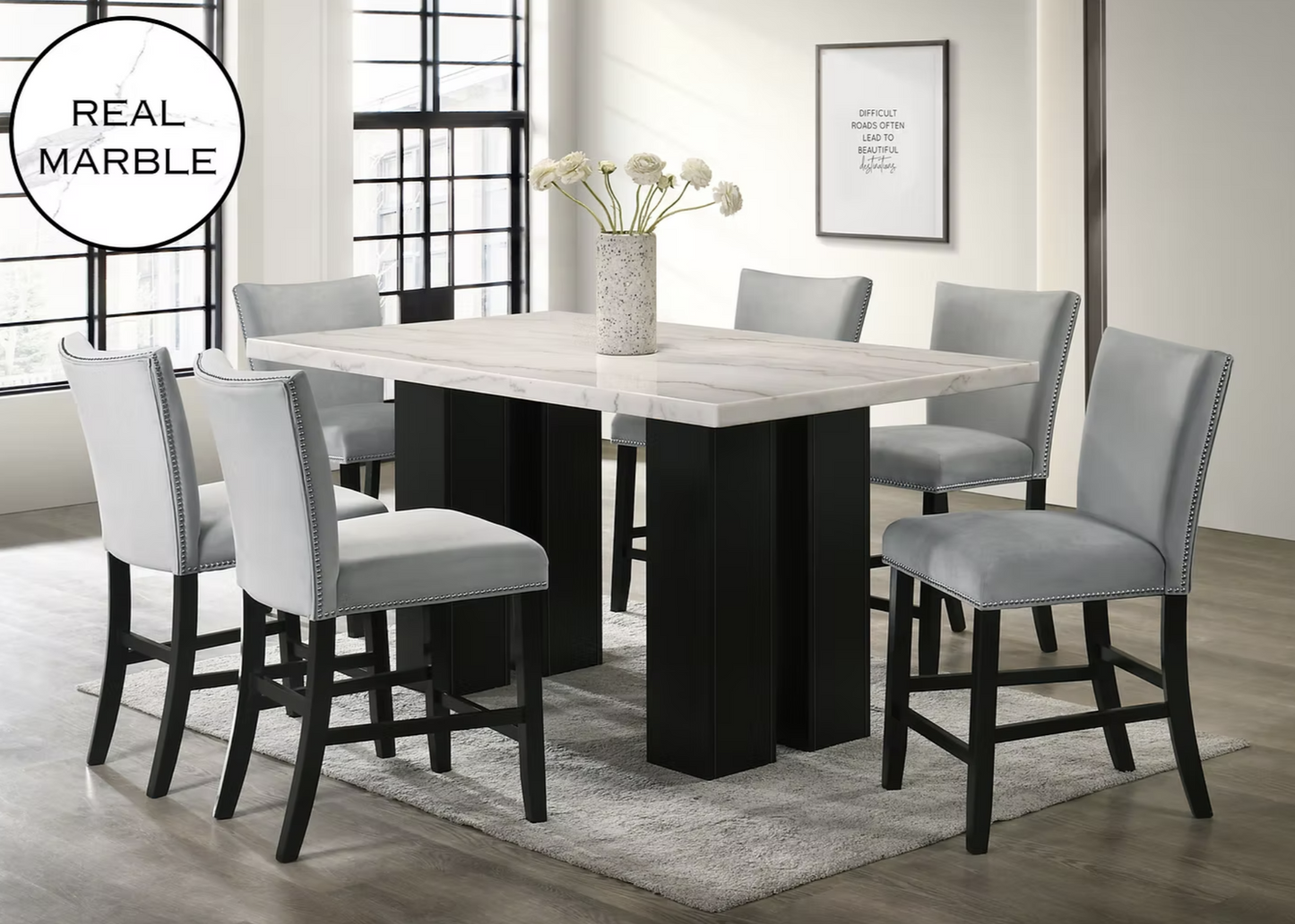D1236 Valentino Grey Genuine Marble Counter Height Dining Set