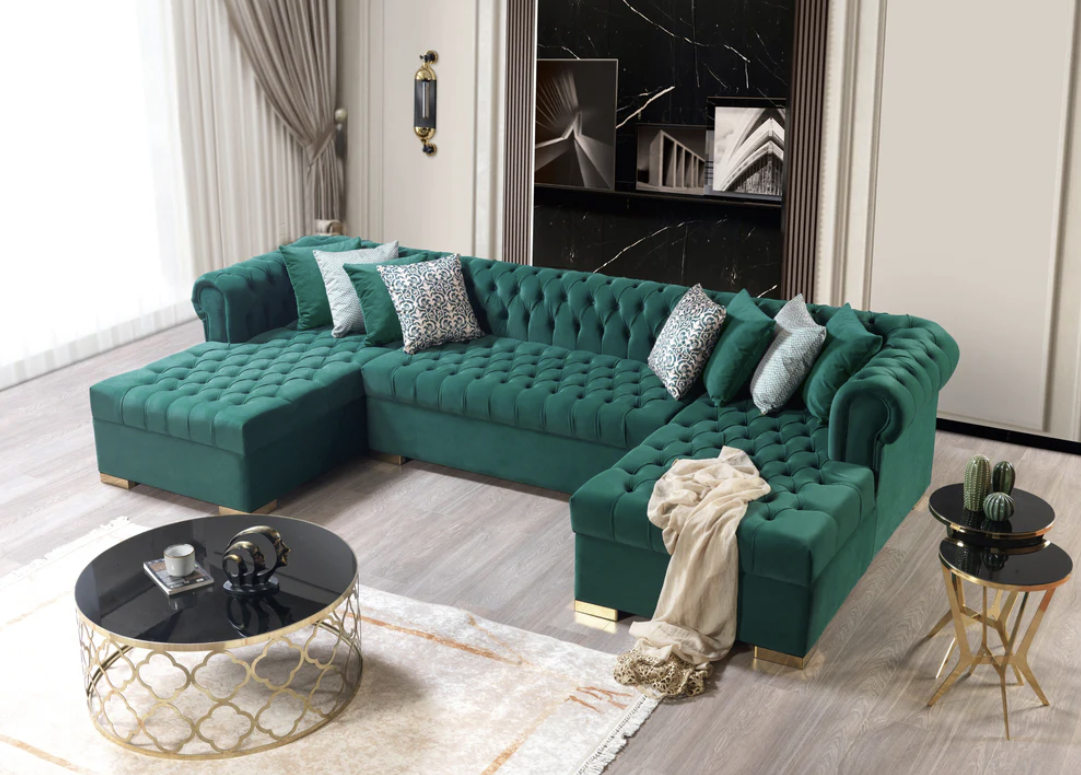 Lauren Green Velvet Tufted Double Chaise Sectional