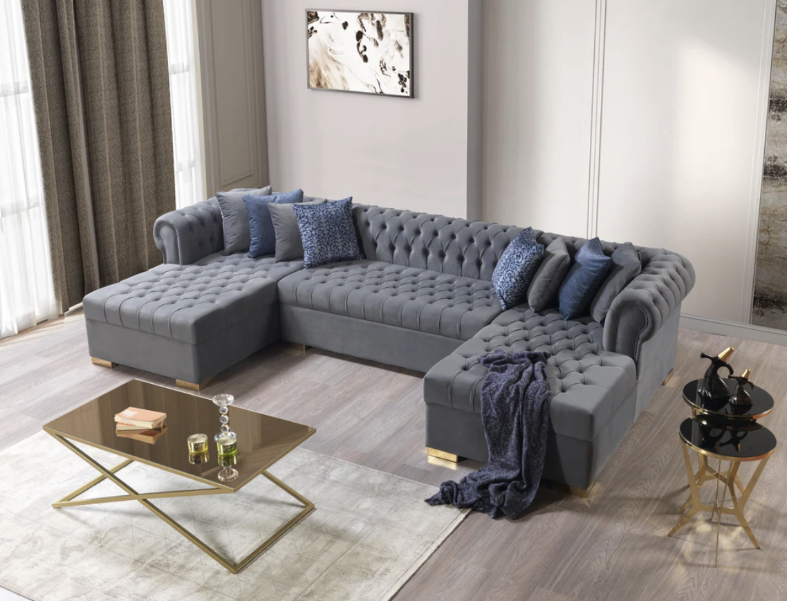 Lauren Grey Velvet Tufted Double Chaise Sectional