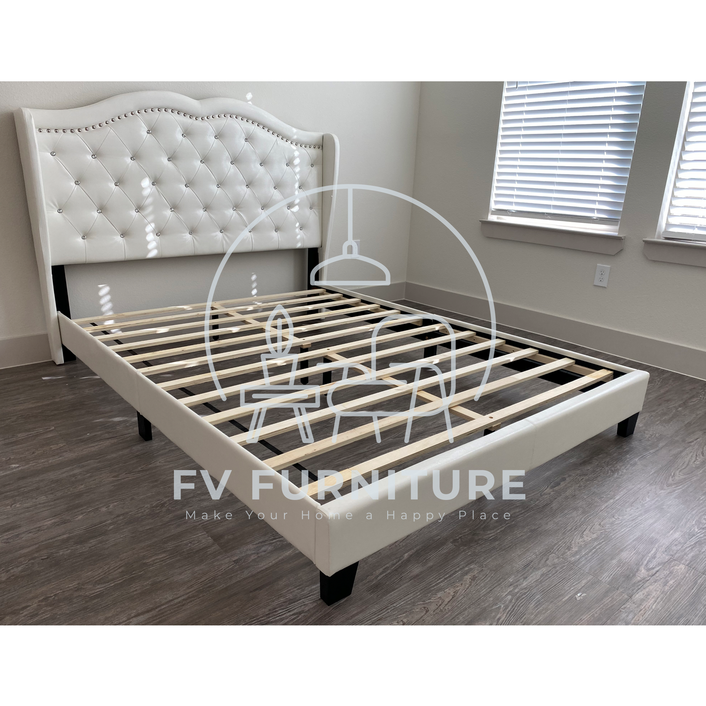 Paradise White Leather Diamond Platform Bed Frame